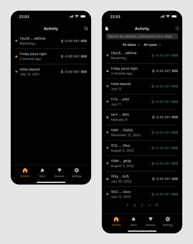Two mobile screens showing a short and a long transaction list