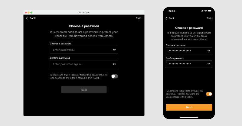 Screen that allows to encrypt the wallet with a password