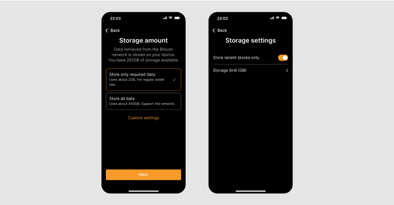 Screens for choosing between pruned or full block data storage