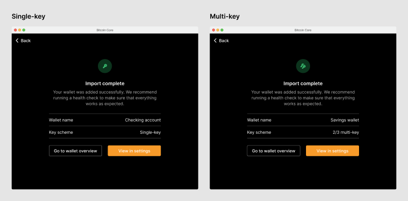 Mockup showing the wallet review screen for a single-key and a multi-key wallet.