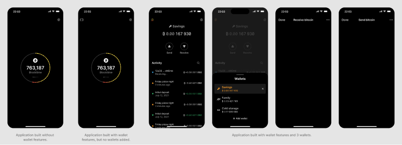 Five mobile screens with different wallet states.