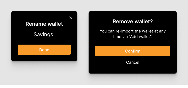 Modal designs for entering a new wallet name, and confirming removal of a wallet.