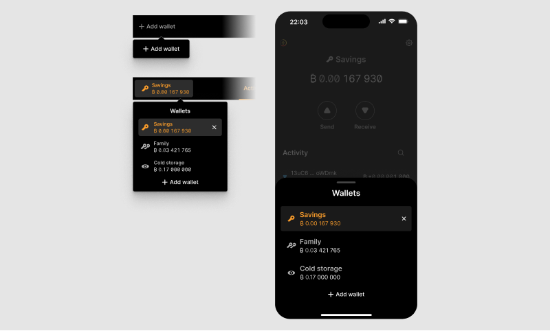The wallet selector modal on desktop and mobile.