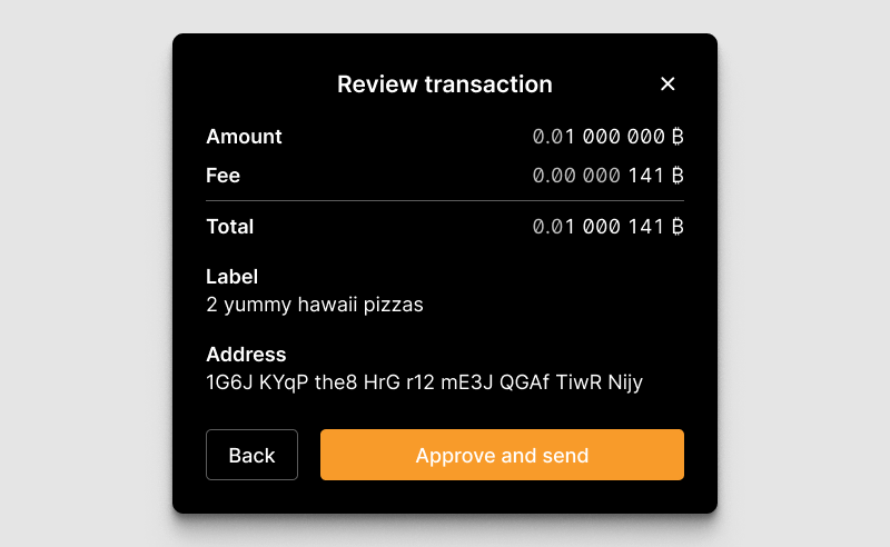 Transaction summary modal for the user to approve or cancel