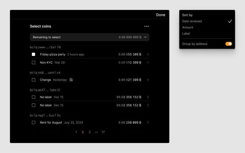 Coin selection screen showing a list of UTXOs grouped by address
