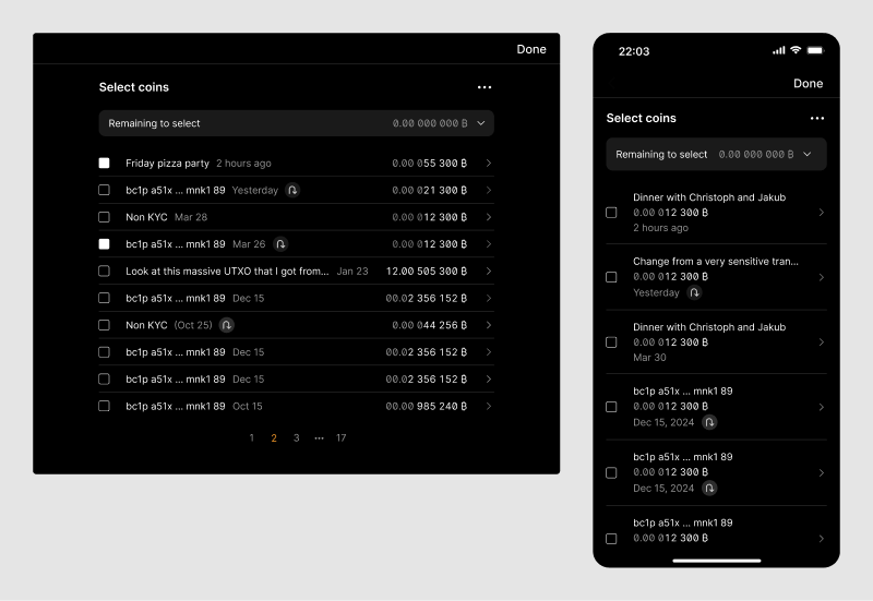 Coin selection screen with multiple UTXOs to choose from