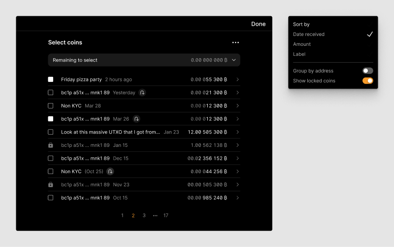 Coin selection screen showing locked UTXOs in the UTXO list