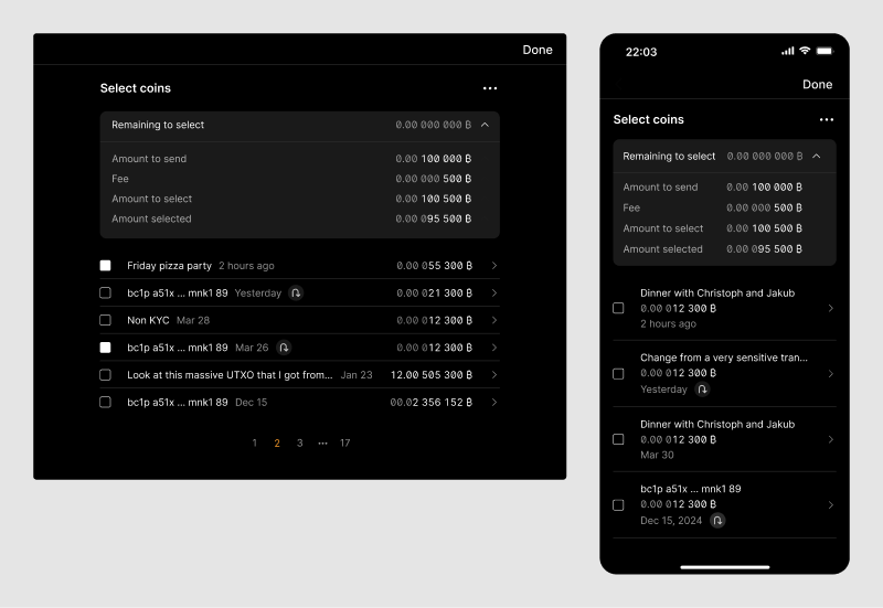 Coin selection screen showing the expanded summary