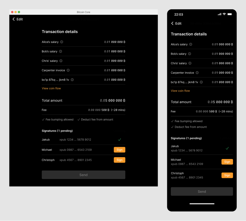 Review screen showing a batch transaction with one signatures applied.