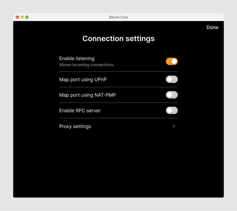 Screen with basic options to enable network features