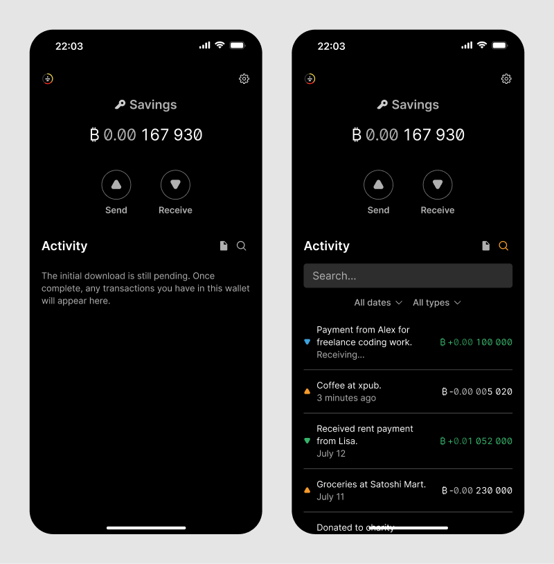 Two mobile screens showing a short and a long transaction list