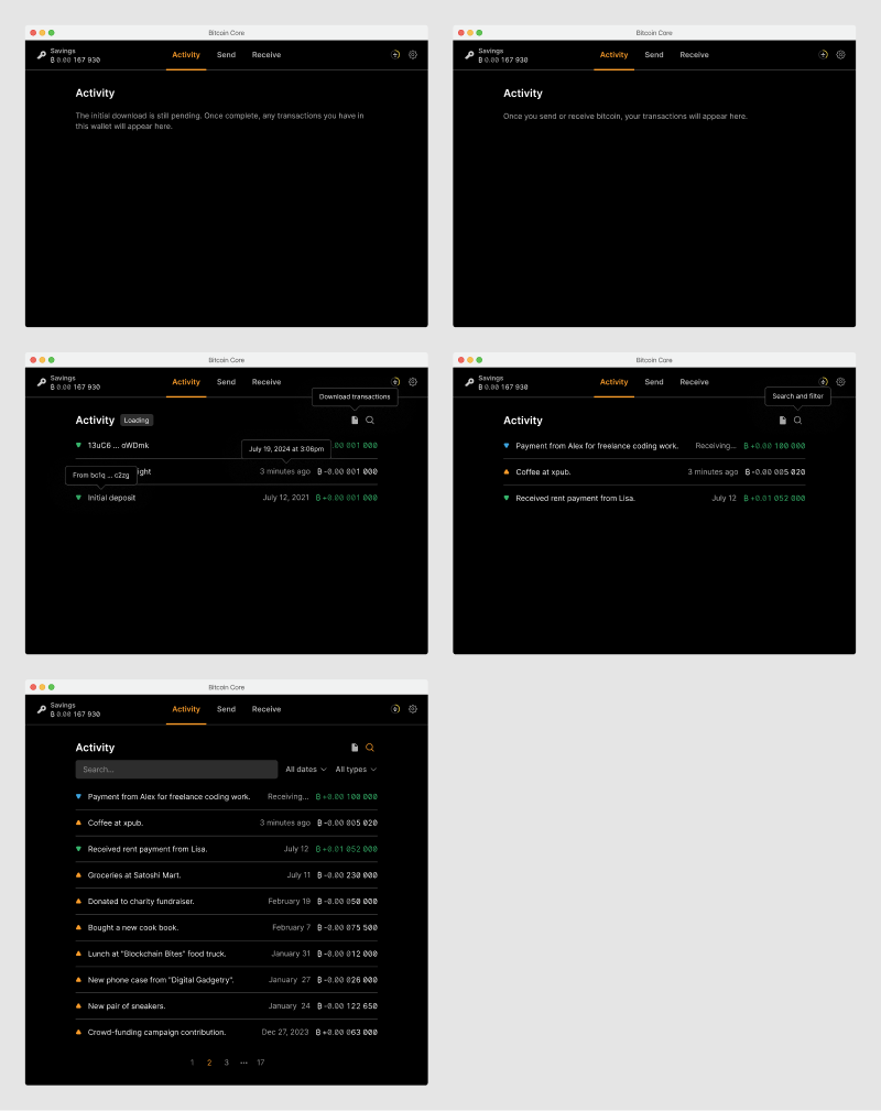 Five mock-ups of the activity screen showing various content states