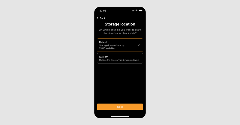 Screen for choosing default or custom storage location