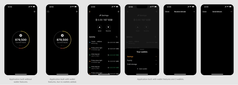 Six mobile screens with different wallet states.