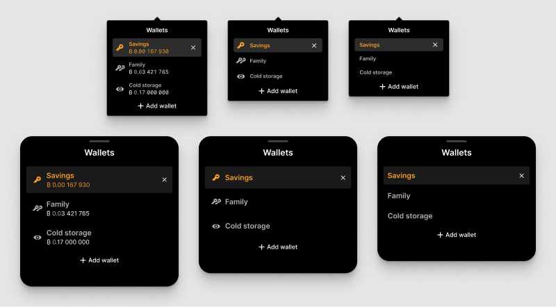 Three variations of the wallet selector modals with varying detail.