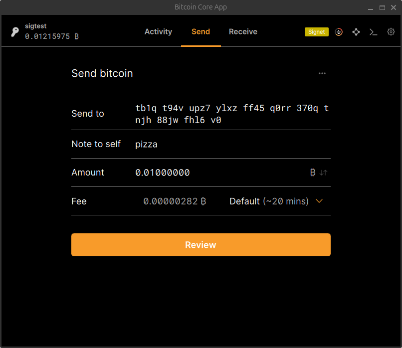 Bitcoin Core App send screen