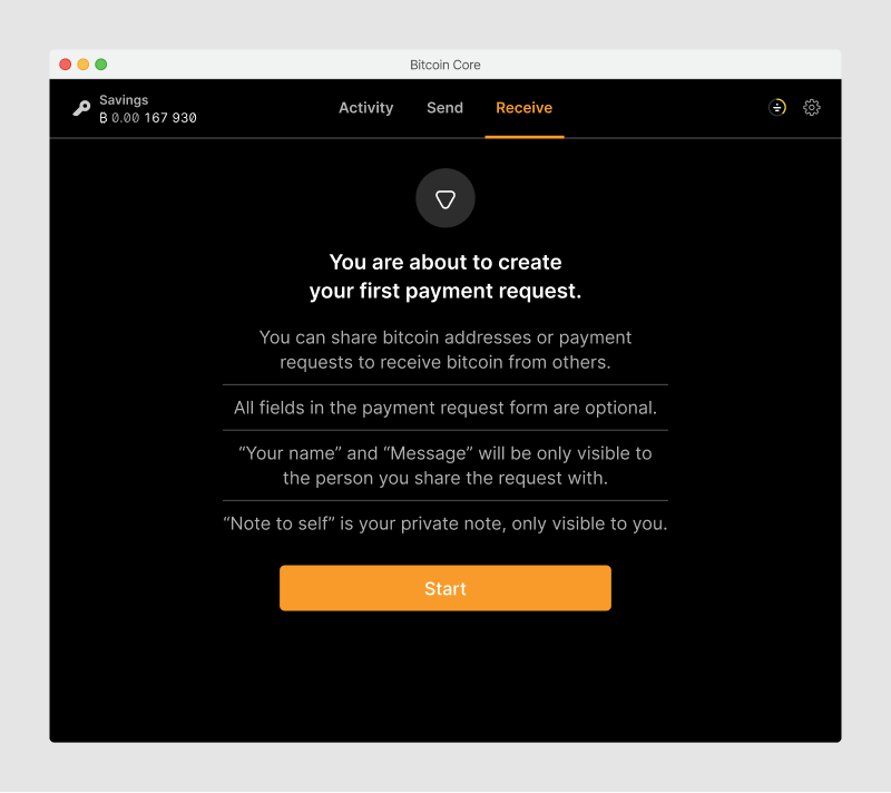 Wallet interface showing a payment request setup screen with explanatory text about creating and sharing requests, and an orange 'Start' button at the bottom. 