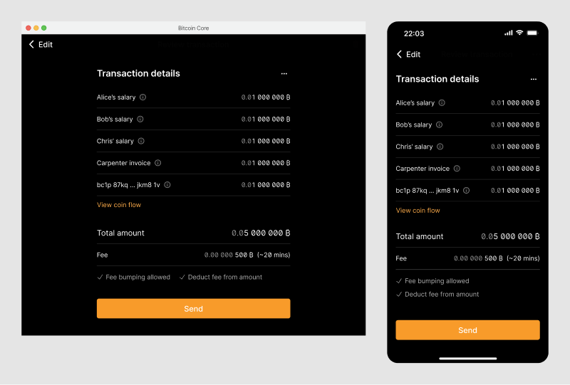 Review screen with a summary of all transactions