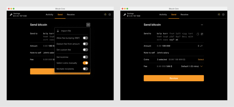 Multiple screens showing the process of enabling coin selection