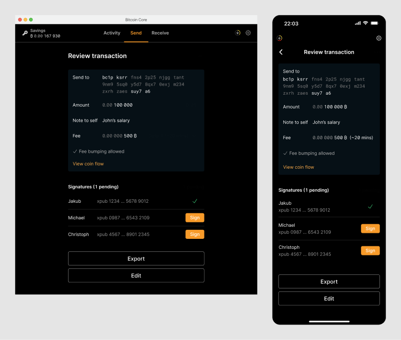 Review screen with one signature applied and one pending.