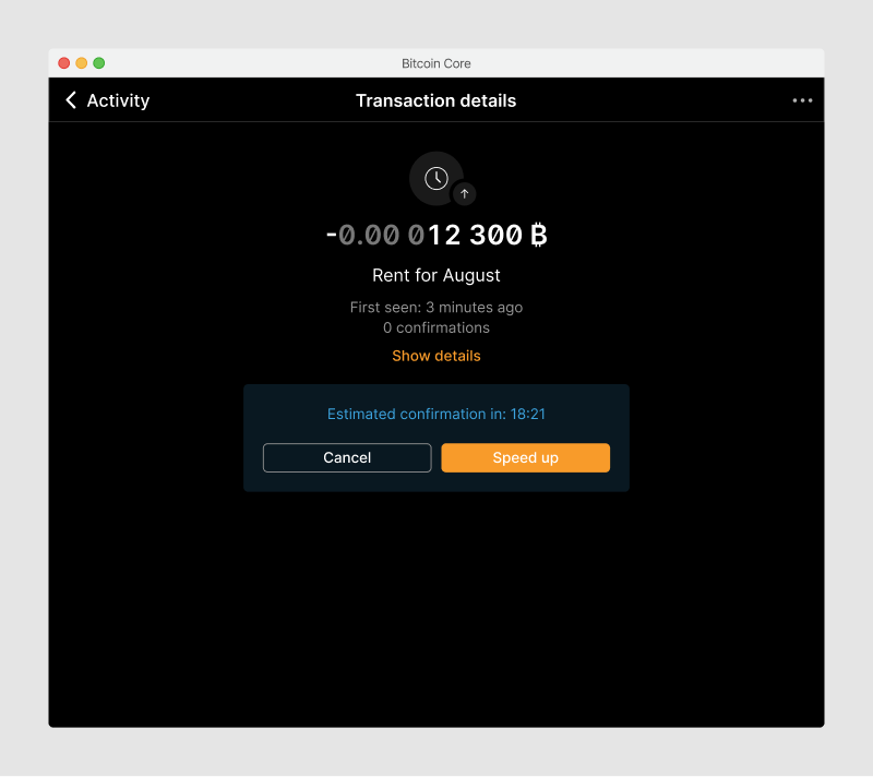 Transaction detail screen with a countdown and editing options.