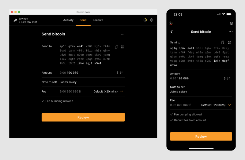 Send form showing a silent payment address.