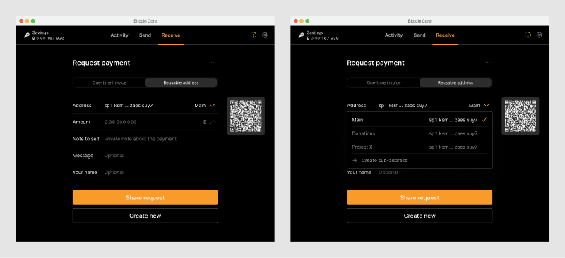 Payment request form showing an option to choose between one-time and reusable addresses.