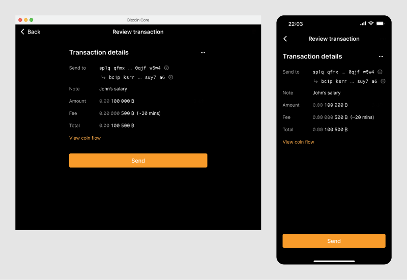 Review screen showing the silent payment address as well as the derived bitcoin address.